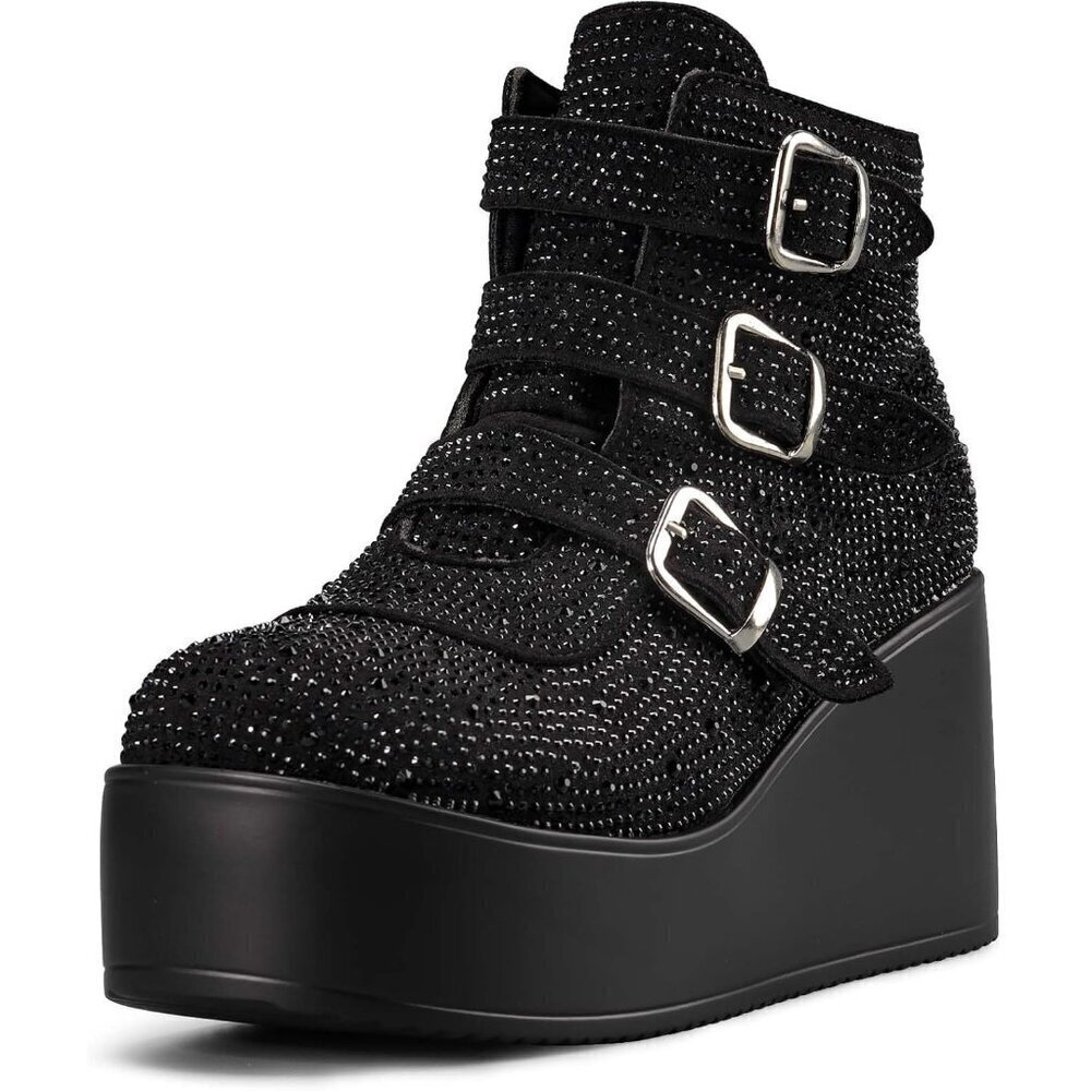 🆕 Black Rhinestone PU Chunky Platform Ankle Boots Wedge Heel Goth Rave Booties